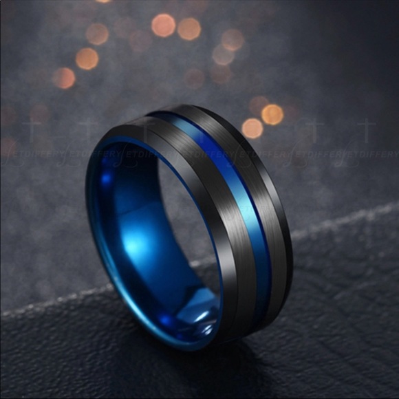 New Groove Rings Black Blu Stainless Steel - Picture 2 of 2